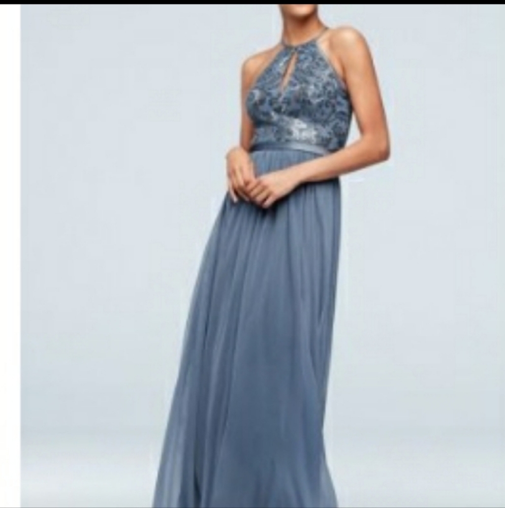 David's Bridal romantic sequin bodice keyhole gown with sheer mesh skirt